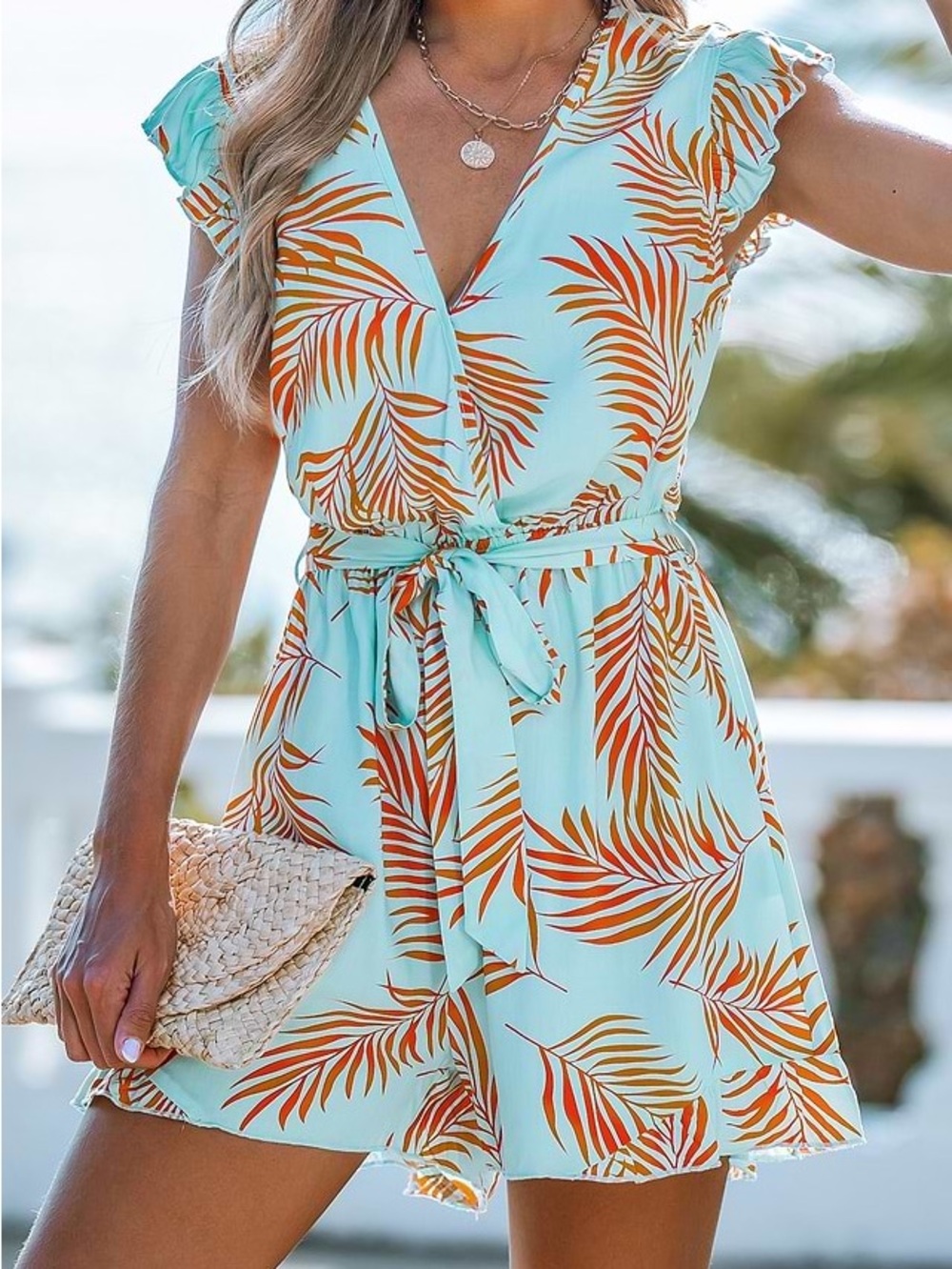 Cupshe Aqua Tropical Leaf Wrap Midi Romper with Orange Leaves - Picture 4 of 7